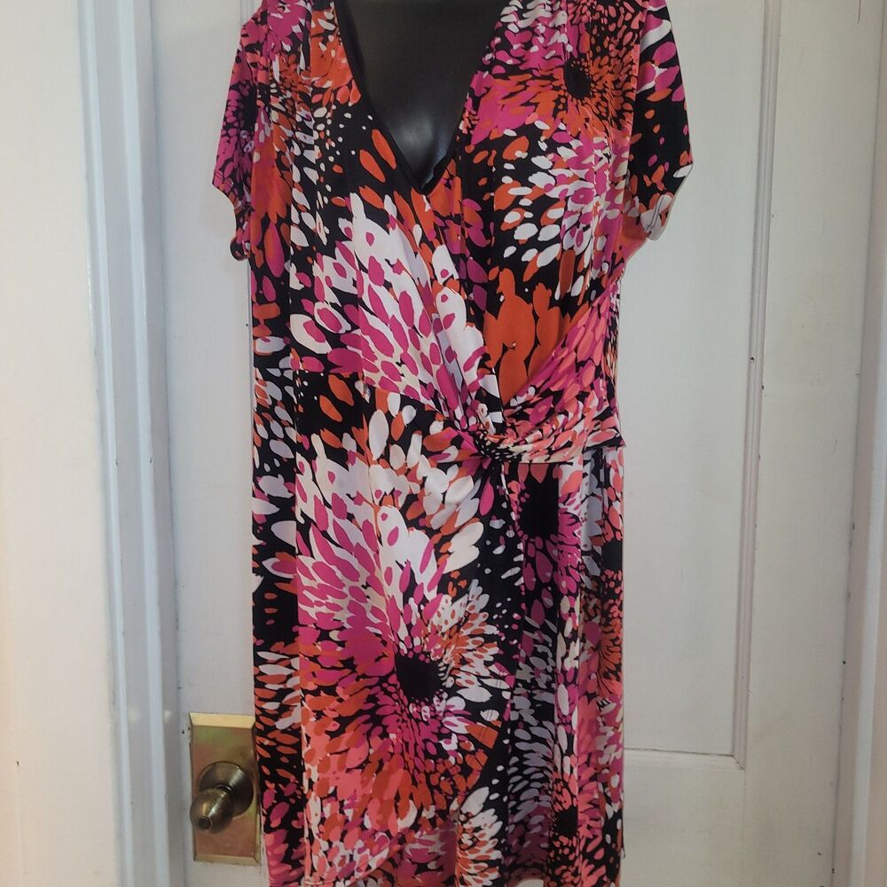 Fuchsia, red, black and pink print dress approx 16/18